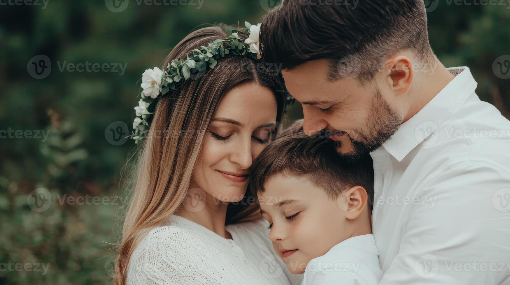 Family portrait with love and warmth in a natural setting, expressing joy and togetherness. photo