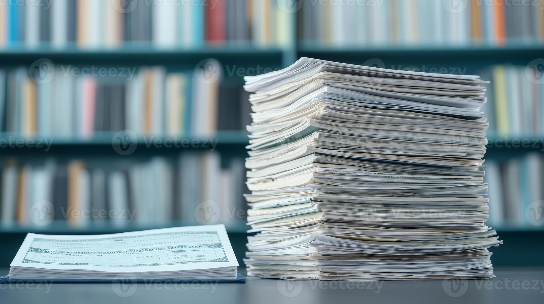Stack of papers on a desk in front of a bookshelf with blurred books. photo