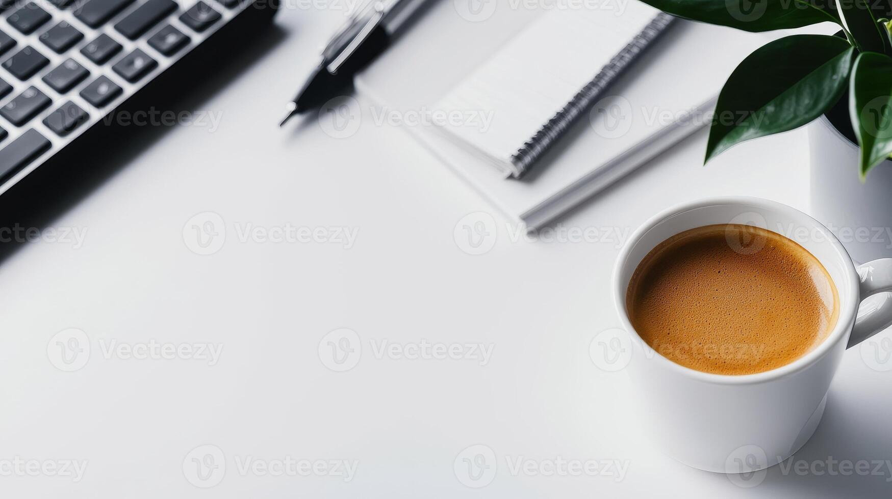 Coffee cup, plant, and workspace items on a clean desk, white isolate background. photo