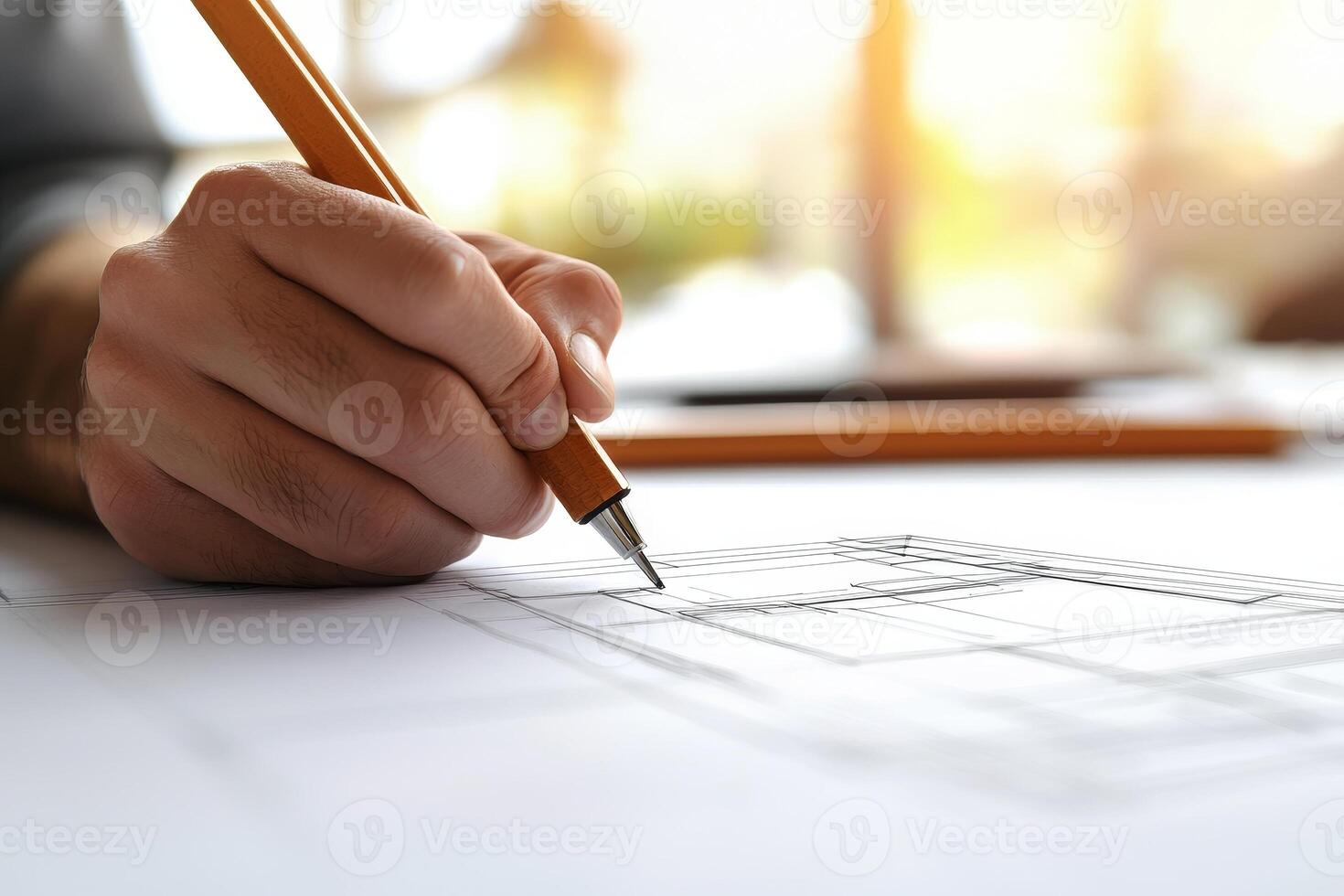 Close-up of a hand sketching architectural plans with a pencil. photo