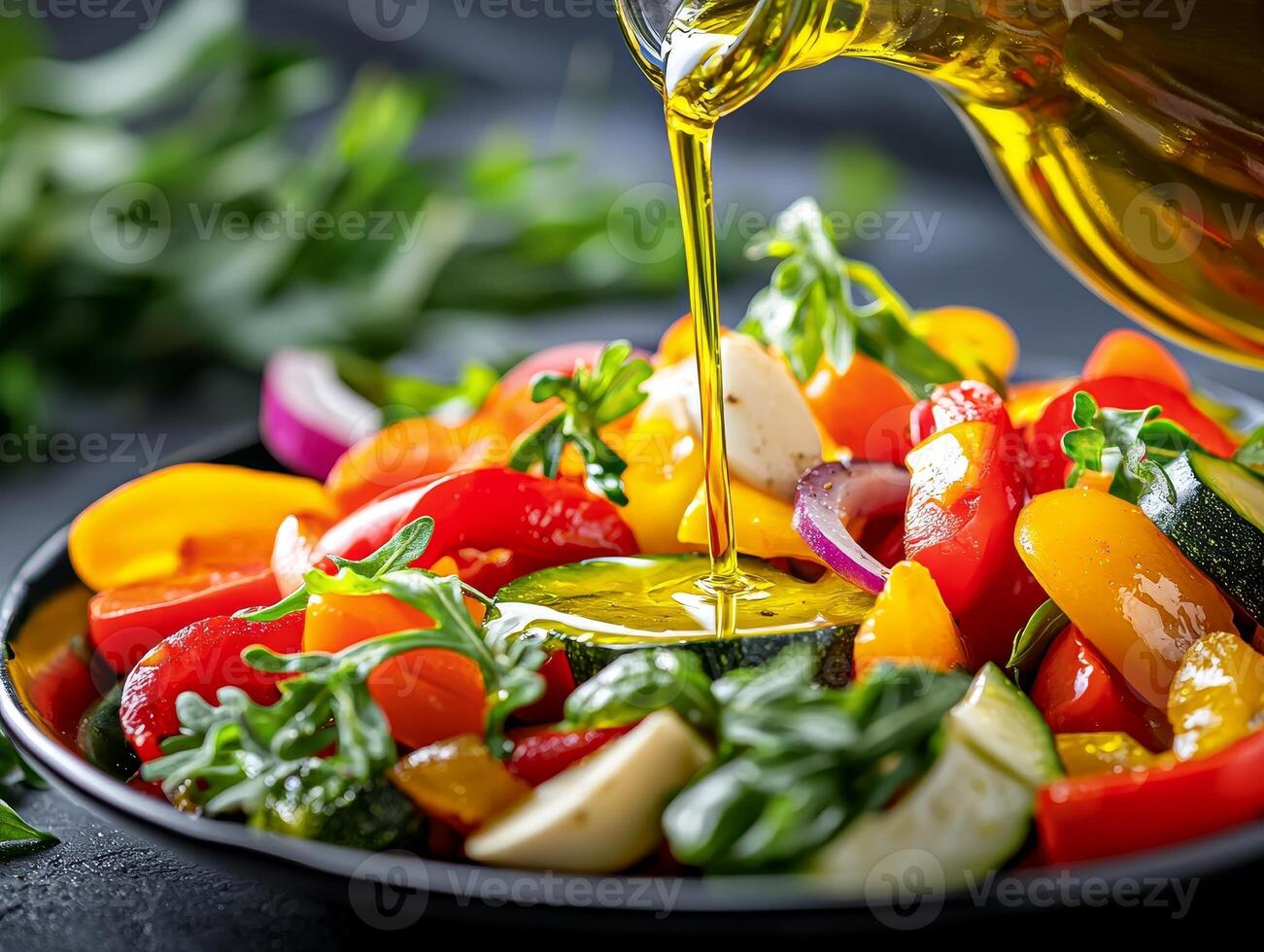 Fresh colorful salad with vegetables and olive oil drizzle on a dark background. photo