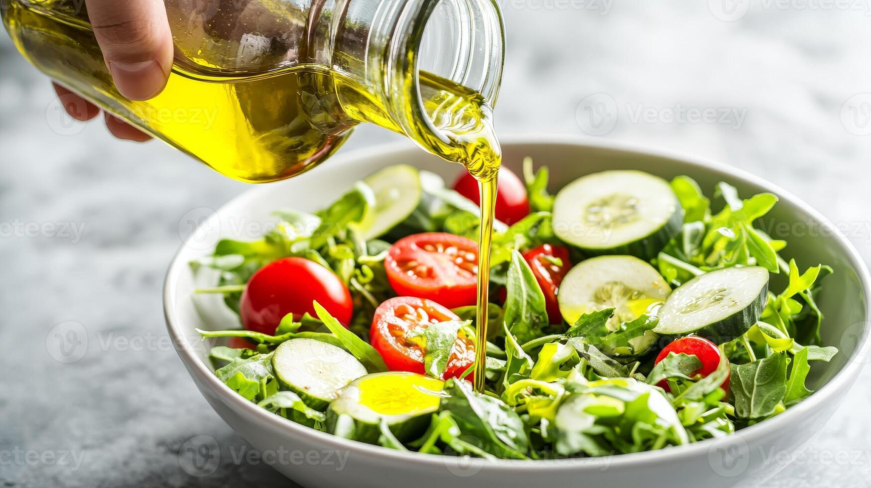 Pouring olive oil over a fresh salad with arugula, tomatoes, and cucumbers. photo