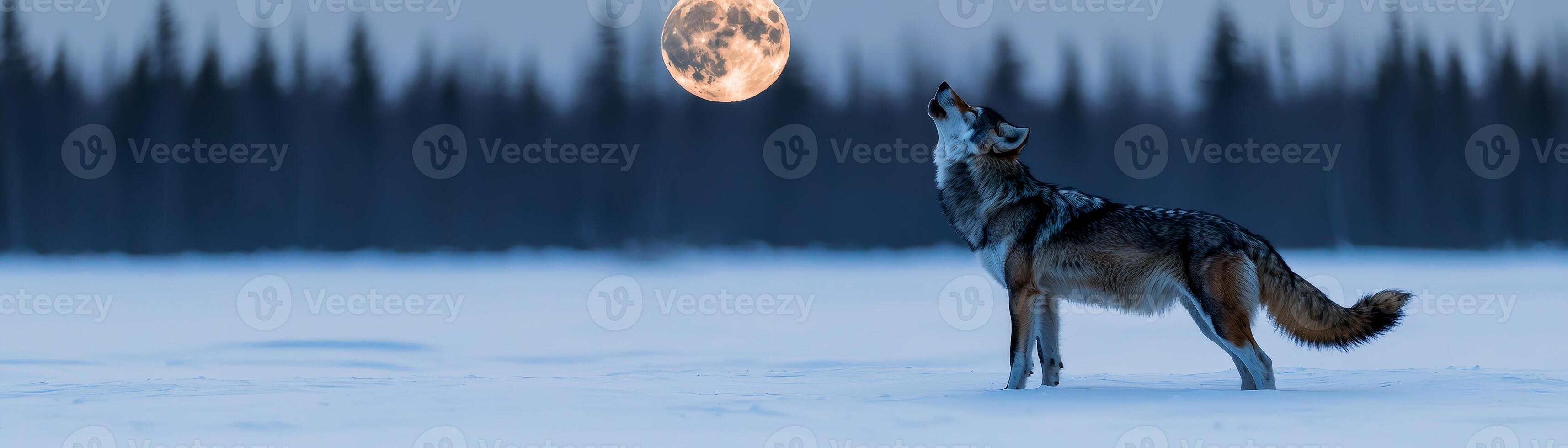 A wolf howling at a full moon in a snowy landscape with trees in the background. photo