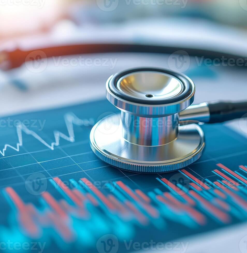 Stethoscope on a medical chart, highlighting health data analysis. photo