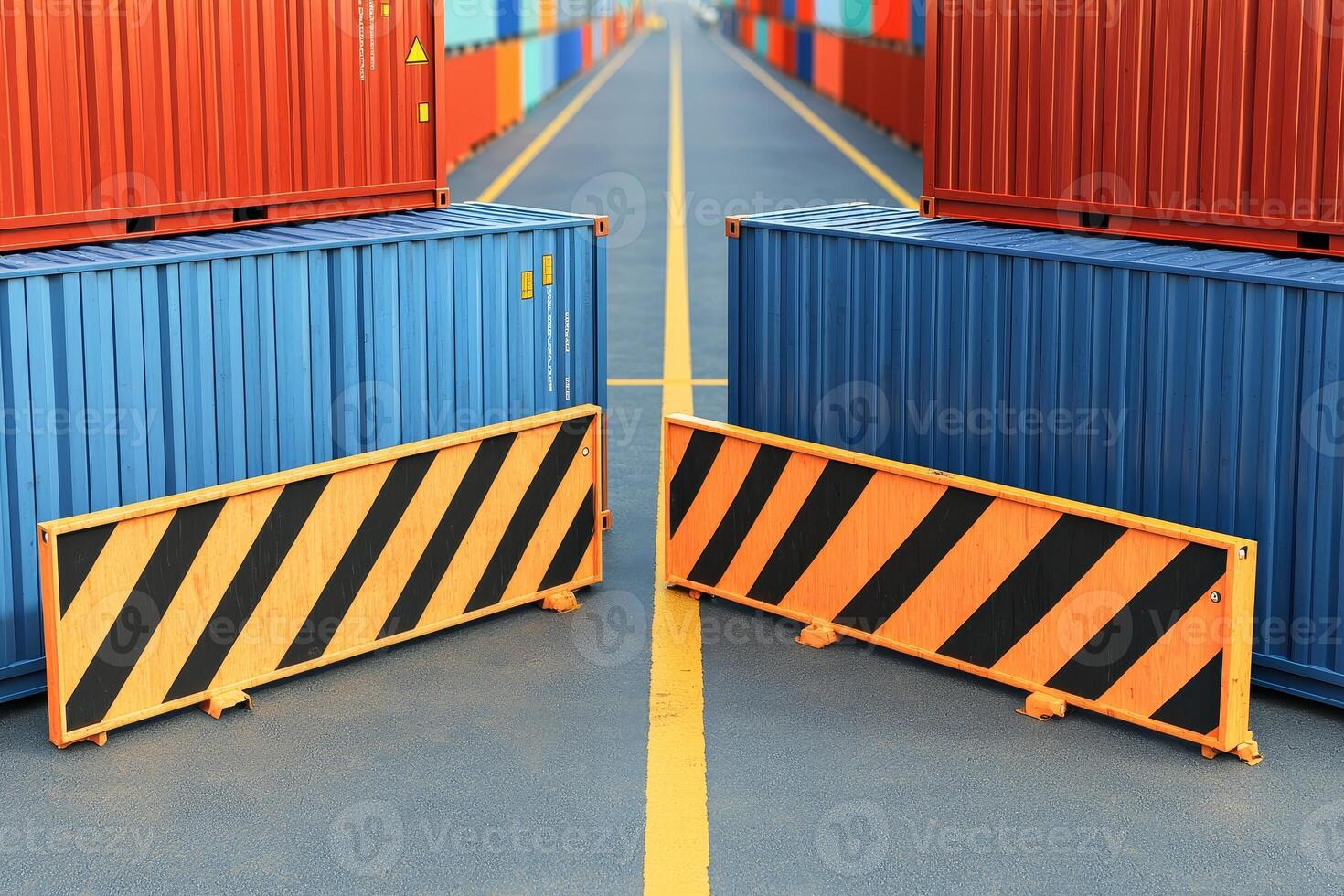 Cargo containers with safety barriers on a shipping dock. photo