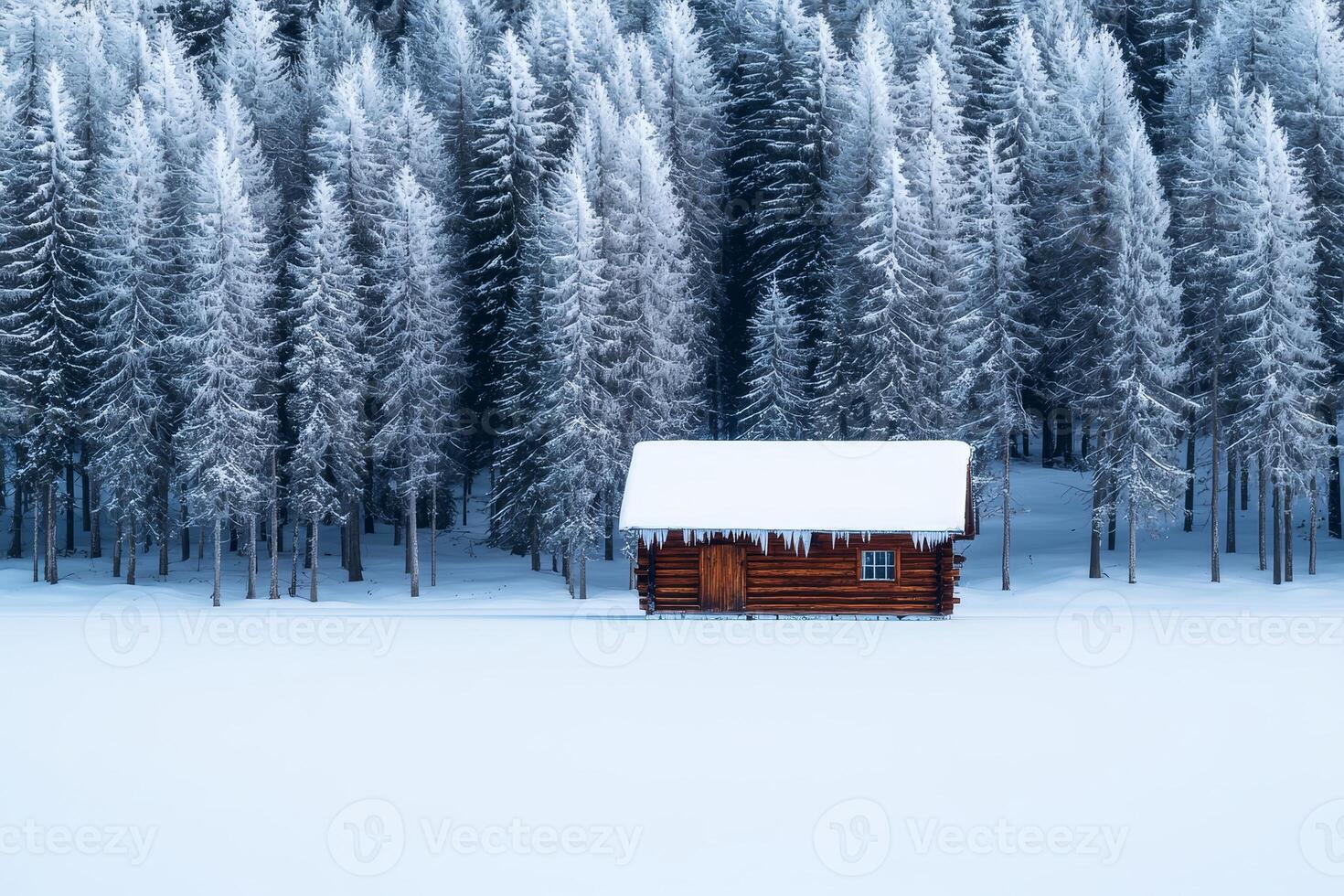 Cozy cabin nestled in a snowy forest surrounded by tall evergreen trees. photo
