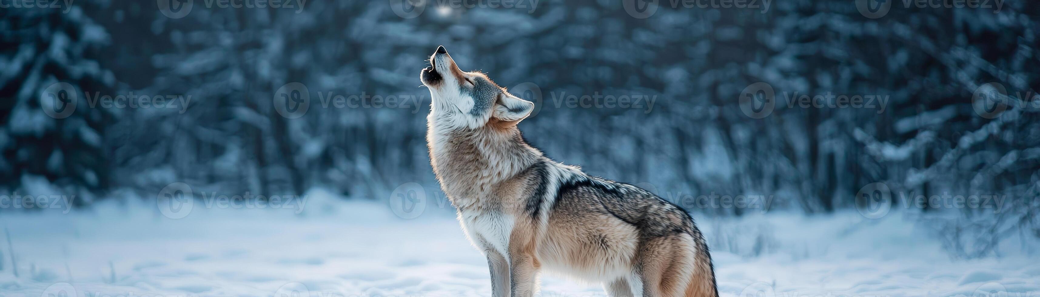 A wolf howls in the snowy forest, surrounded by frosty trees and a serene atmosphere. photo