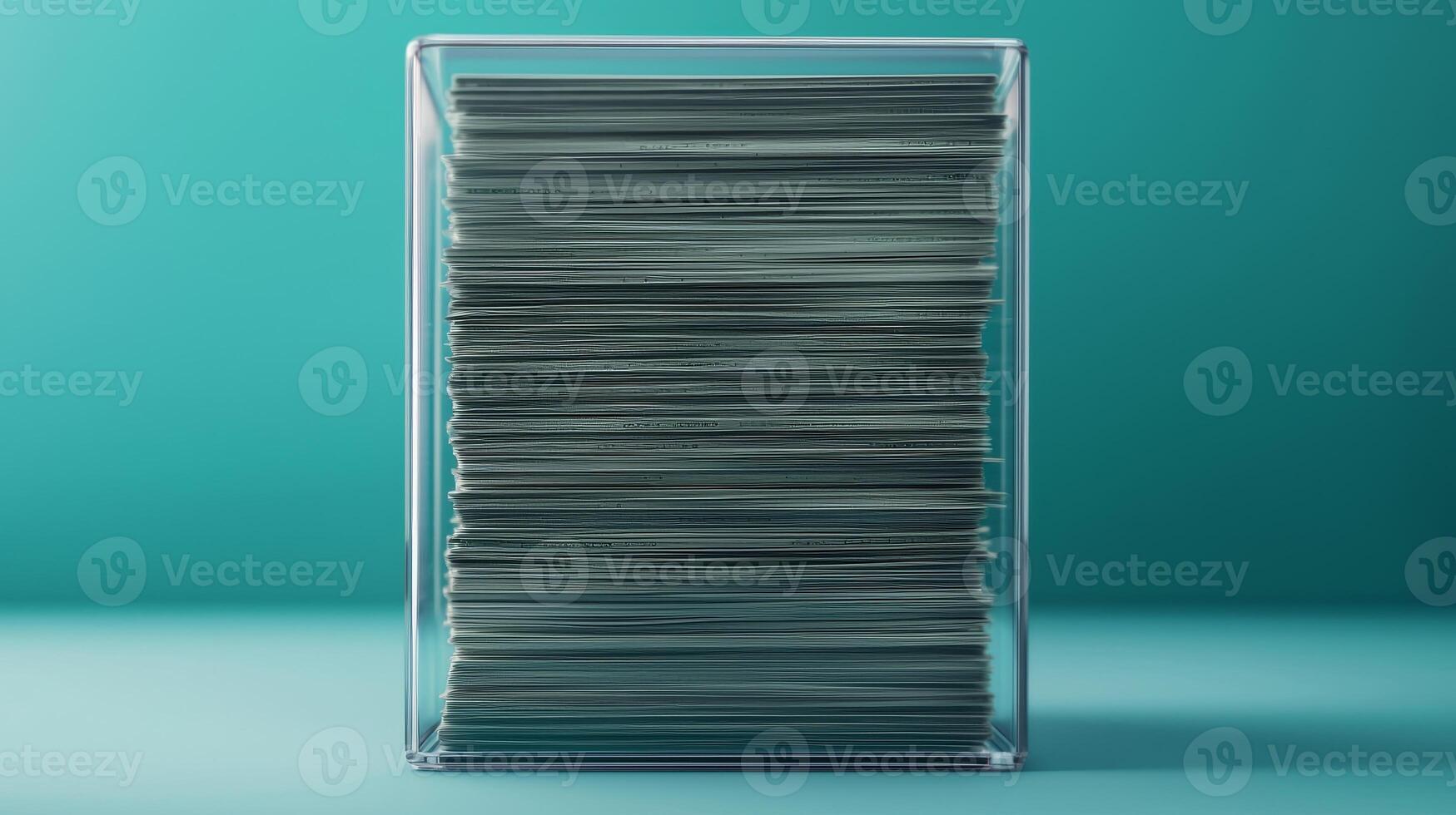 Stacked papers in a glass holder on a teal background. photo