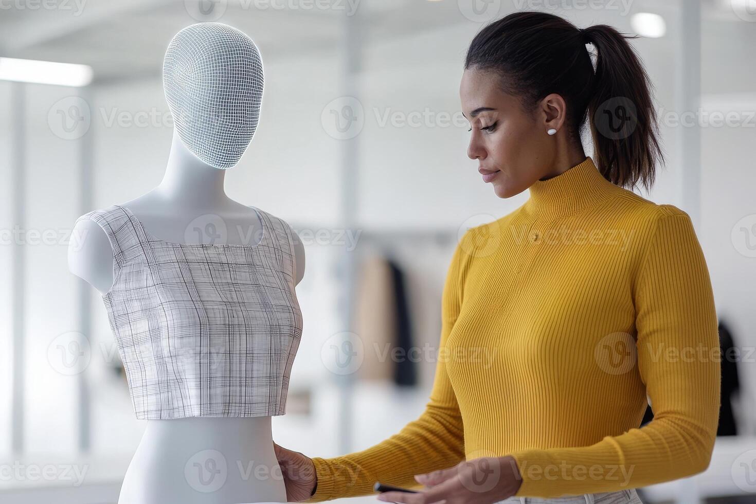 Fashion designer working on a garment with a mannequin in a bright studio setting. photo
