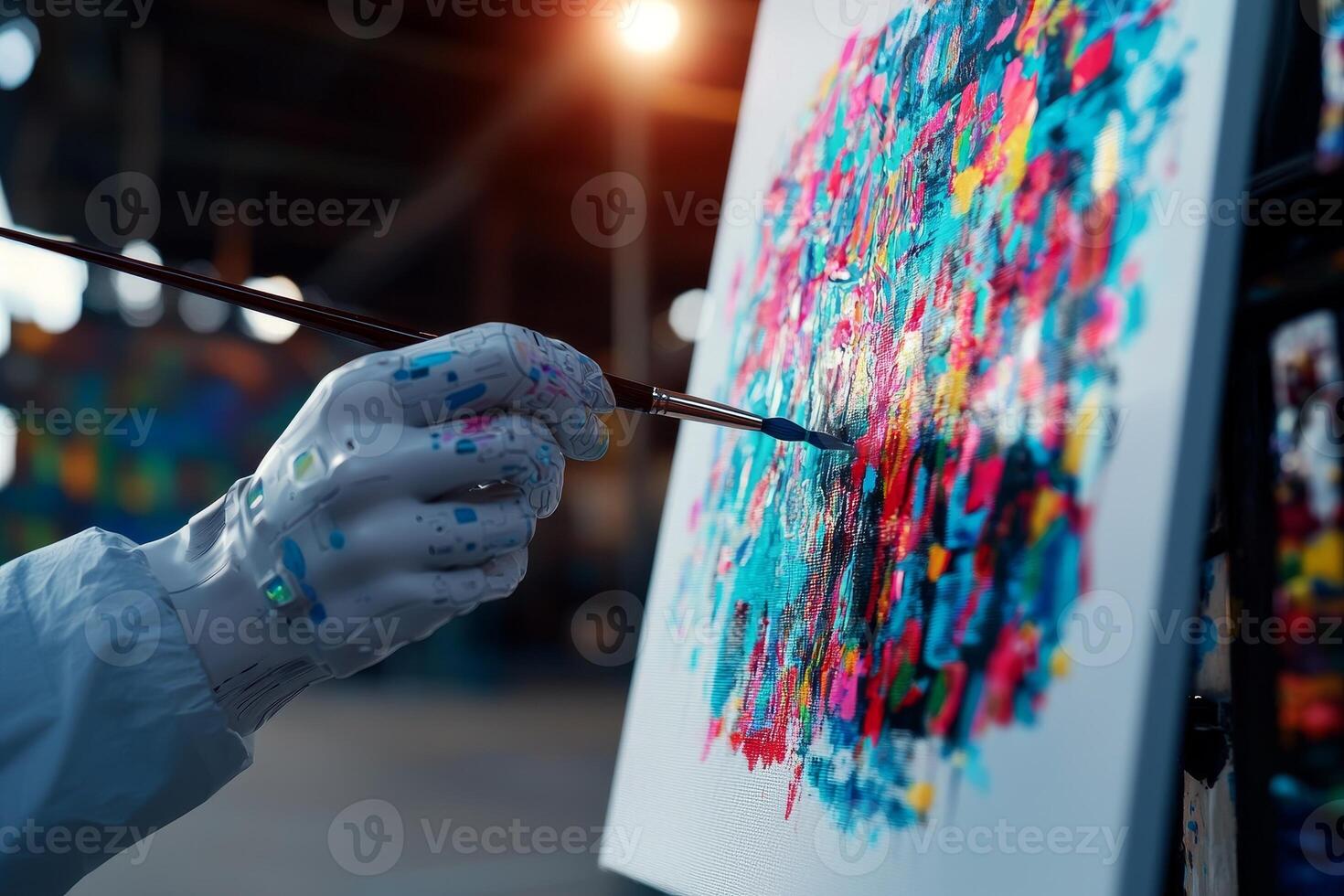 Artist painting colorful abstract art on canvas in studio setting. photo