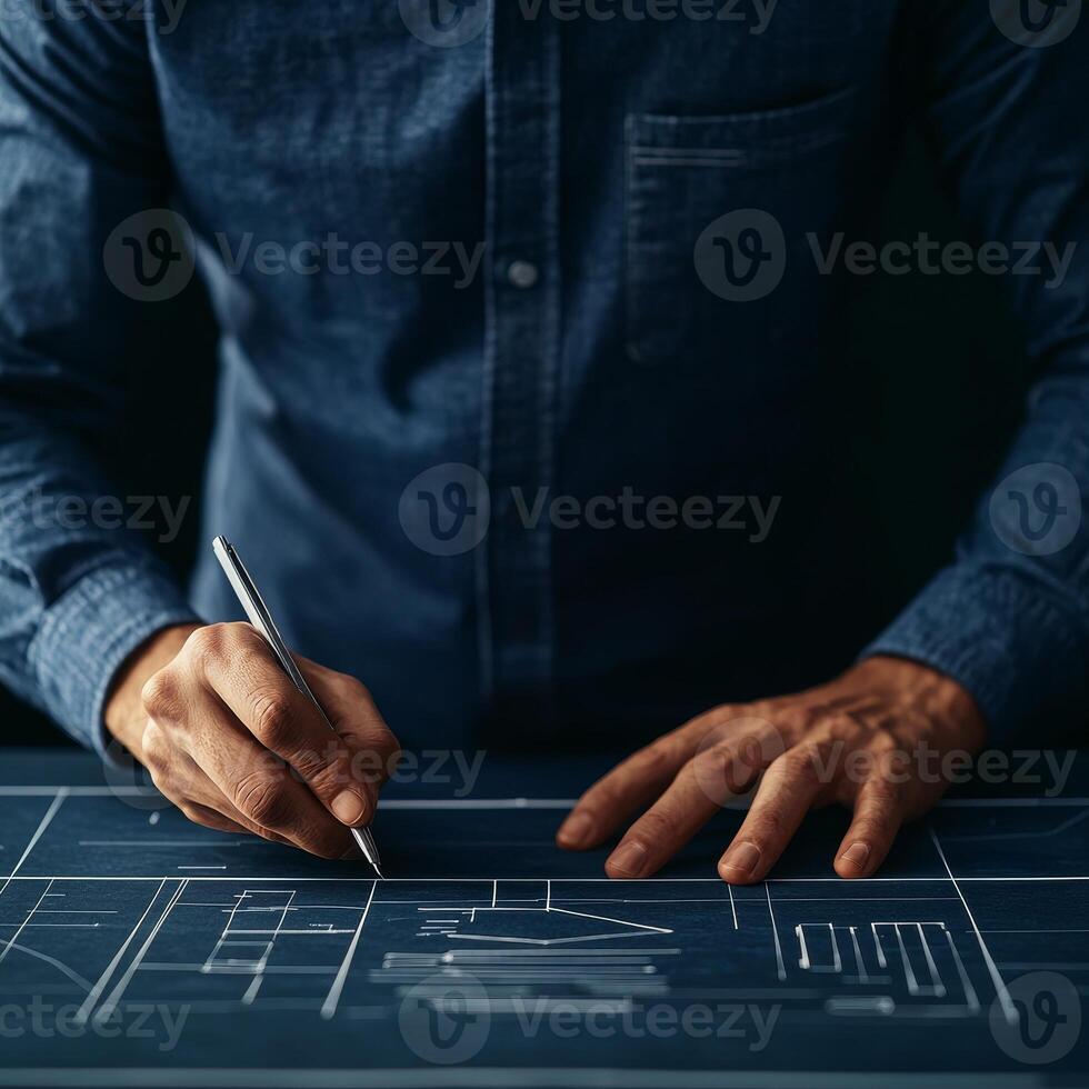 Person sketching architectural plans on blueprint with dark background. photo