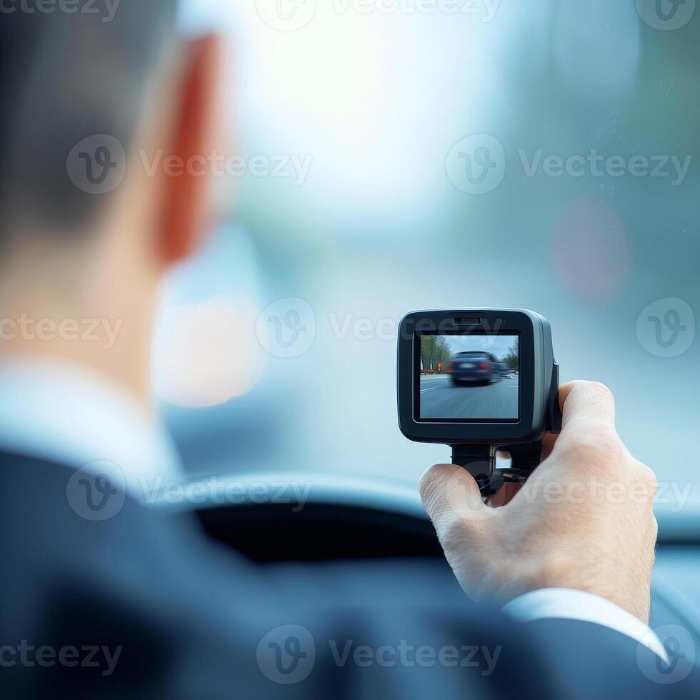 Person using a dashcam while driving, blurred street view in background. photo