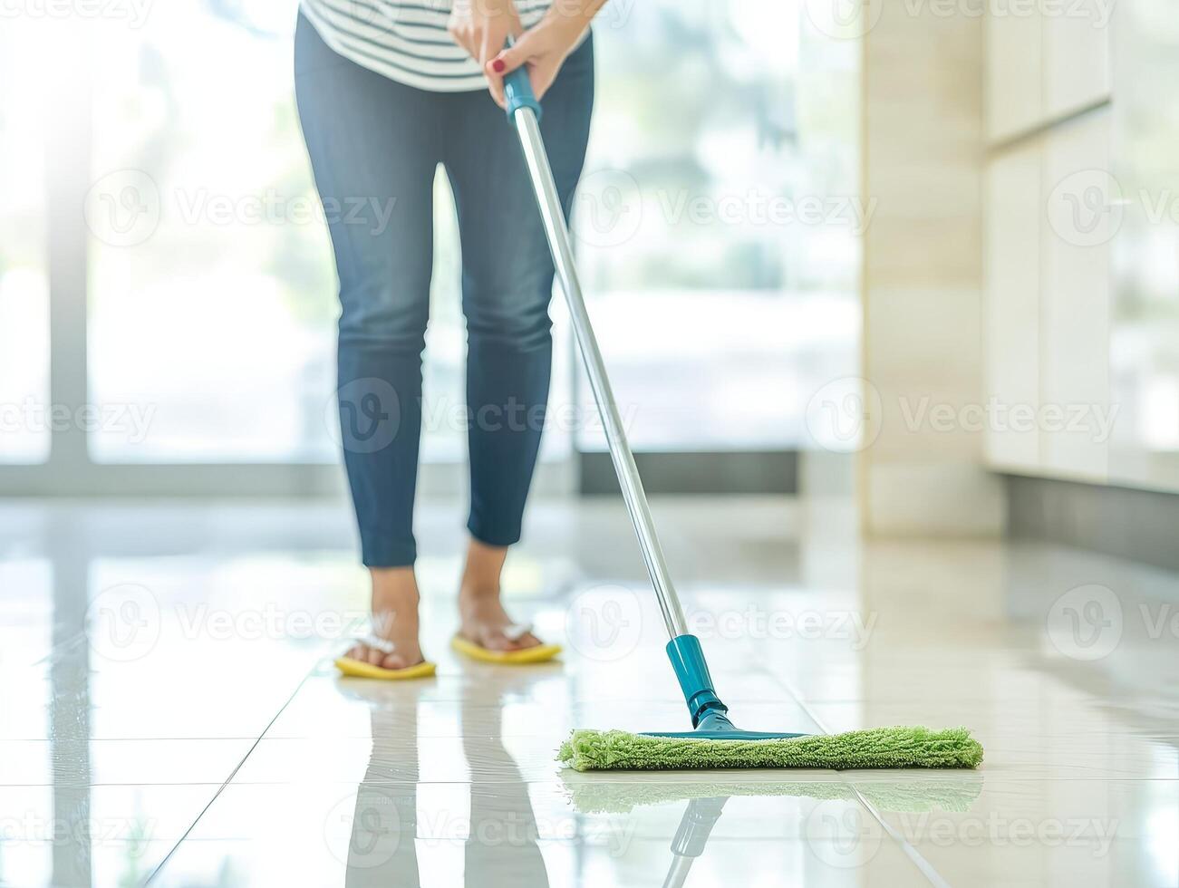 Woman cleaning the floor with a mop in a bright and airy room. photo