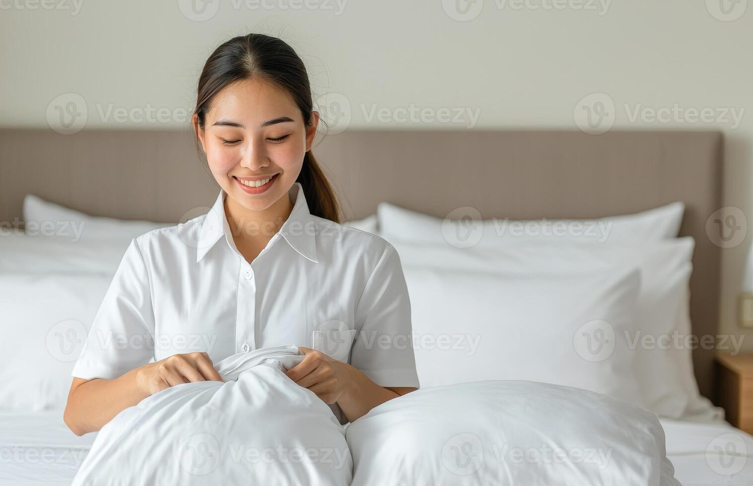 Smiling woman arranging pillows on a neatly made bed with soft linens. photo