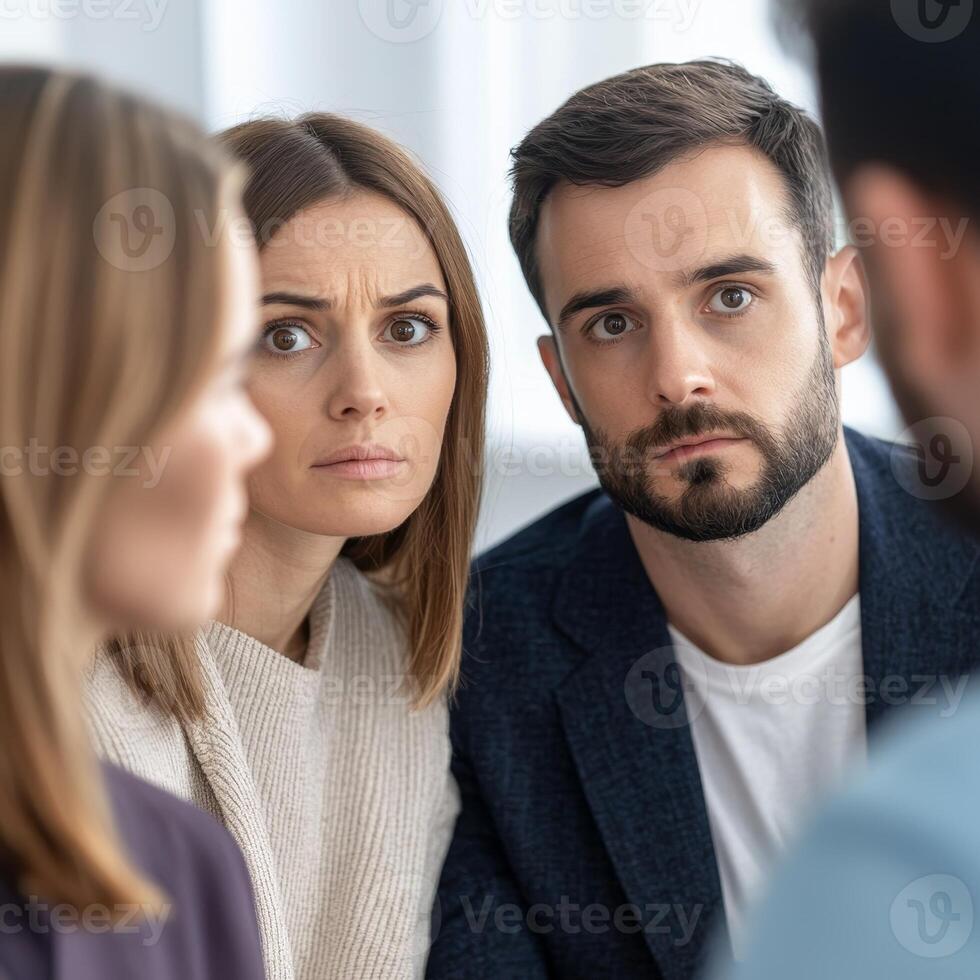 Group of individuals engaged in deep discussion with concerned expressions. photo