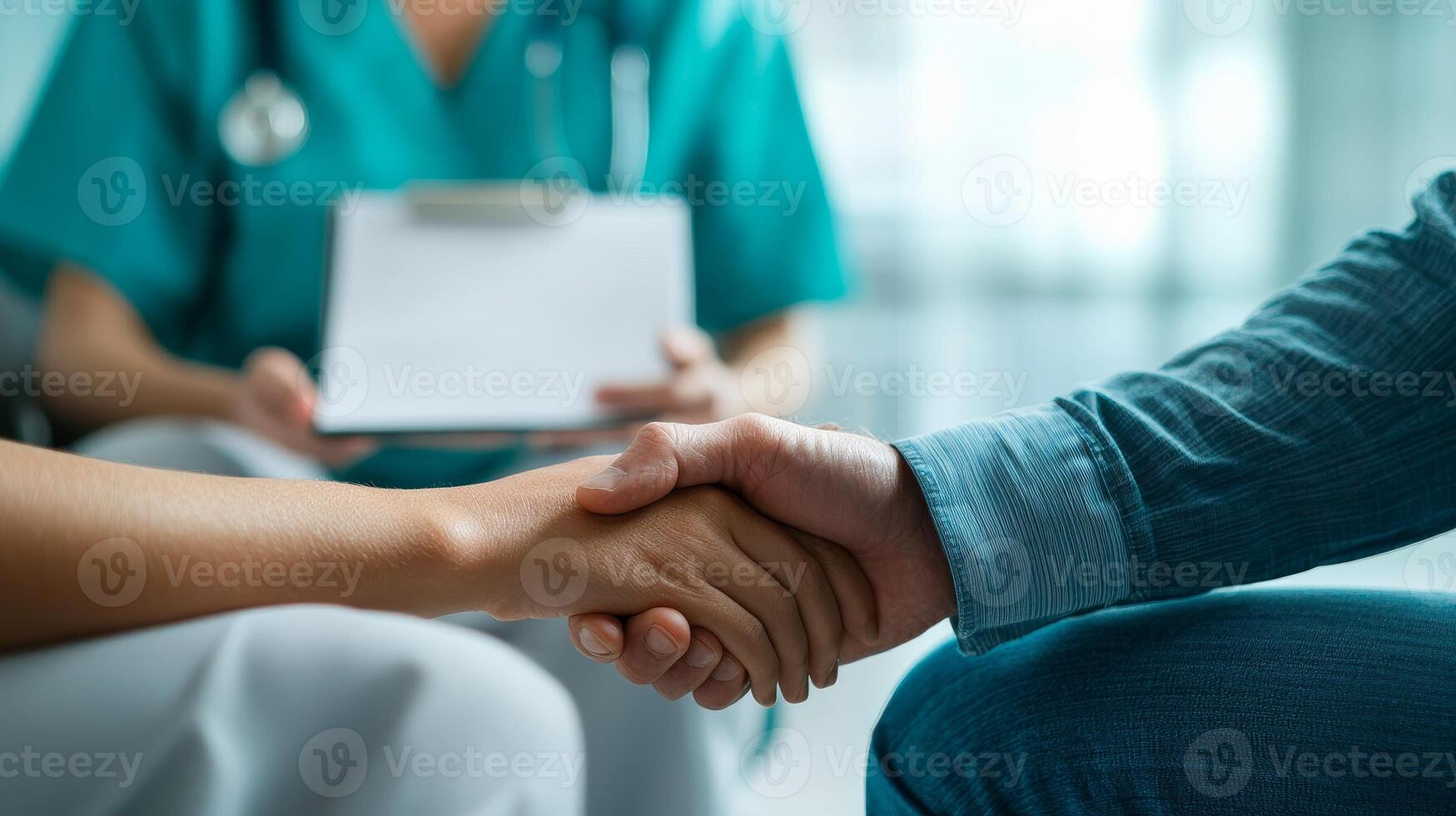 Two hands shaking in a supportive healthcare interaction, soft background photo