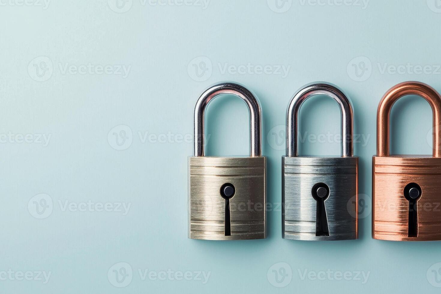 Three colorful locks on a blue background, symbolizing security and protection. photo