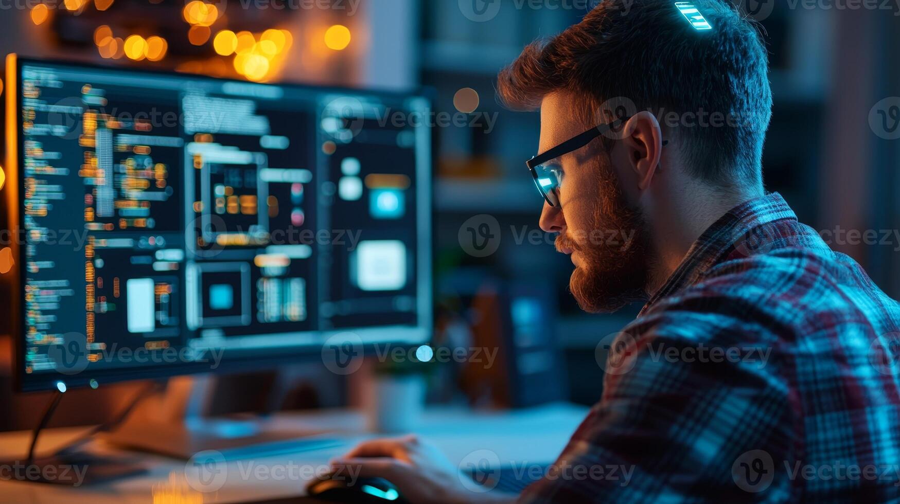 Man programming on computer monitor with code in dark room, illuminated environment. photo