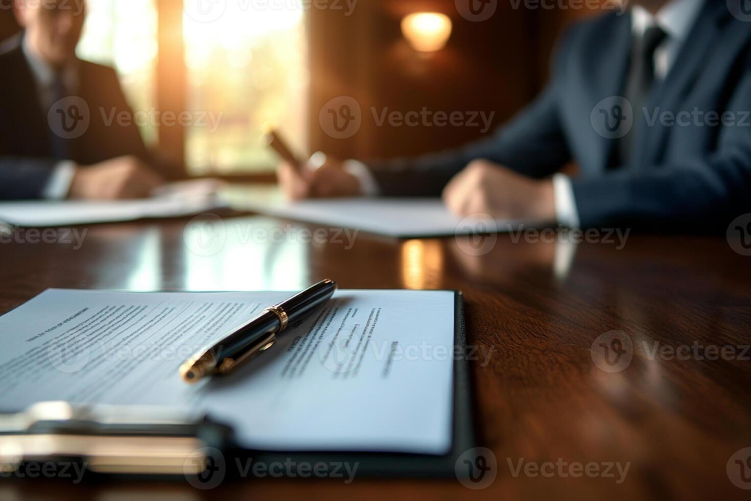 Close-up of documents on a desk with a pen, blurred people in background. photo