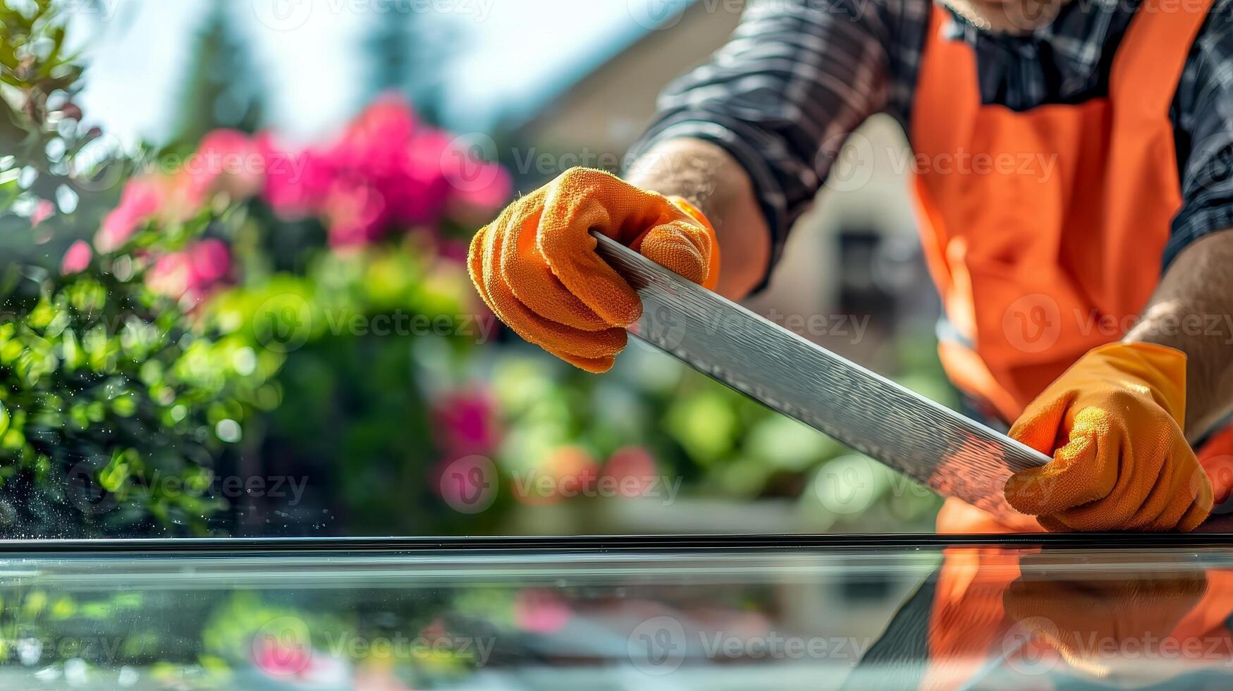 Gardener trimming a plant with gloves in a colorful garden setting. photo