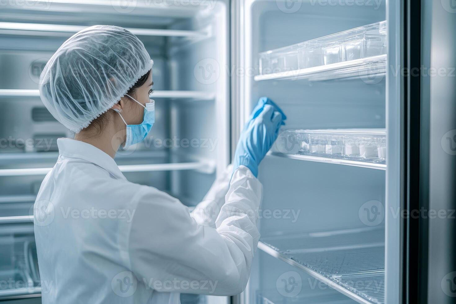 Scientist in lab coat organizing samples in a refrigerator, clean and sterile environment. photo
