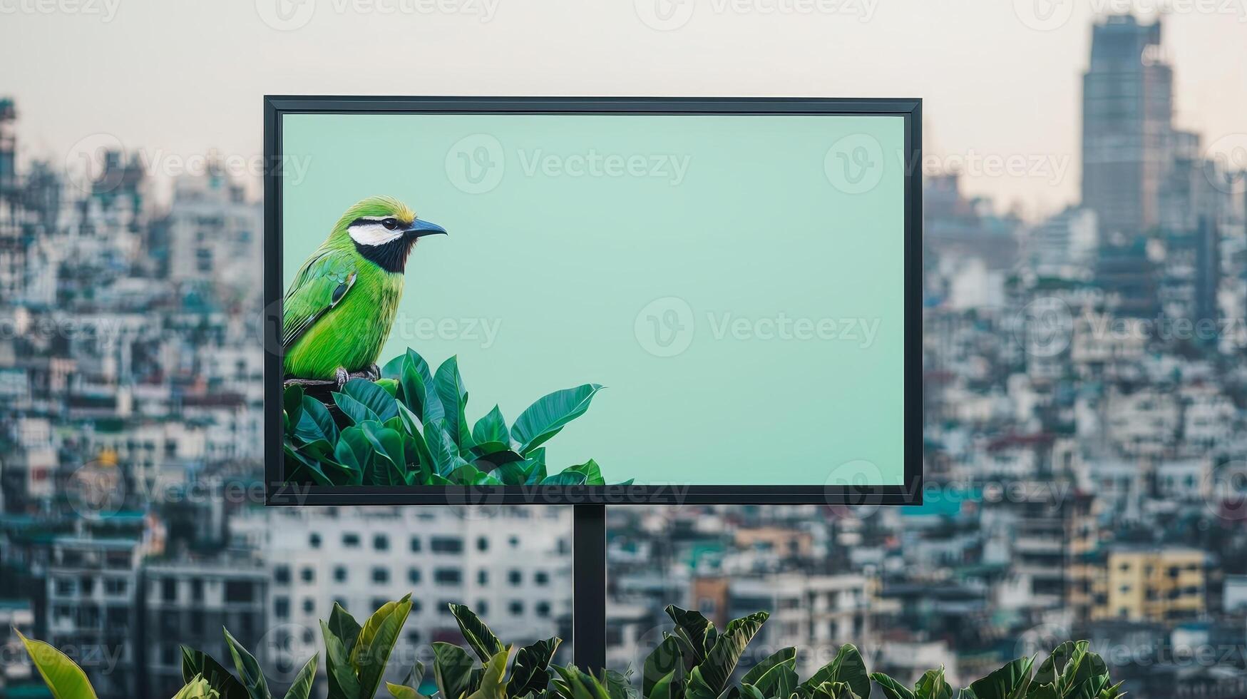 Vibrant green bird perched on a billboard amid a cityscape background. photo