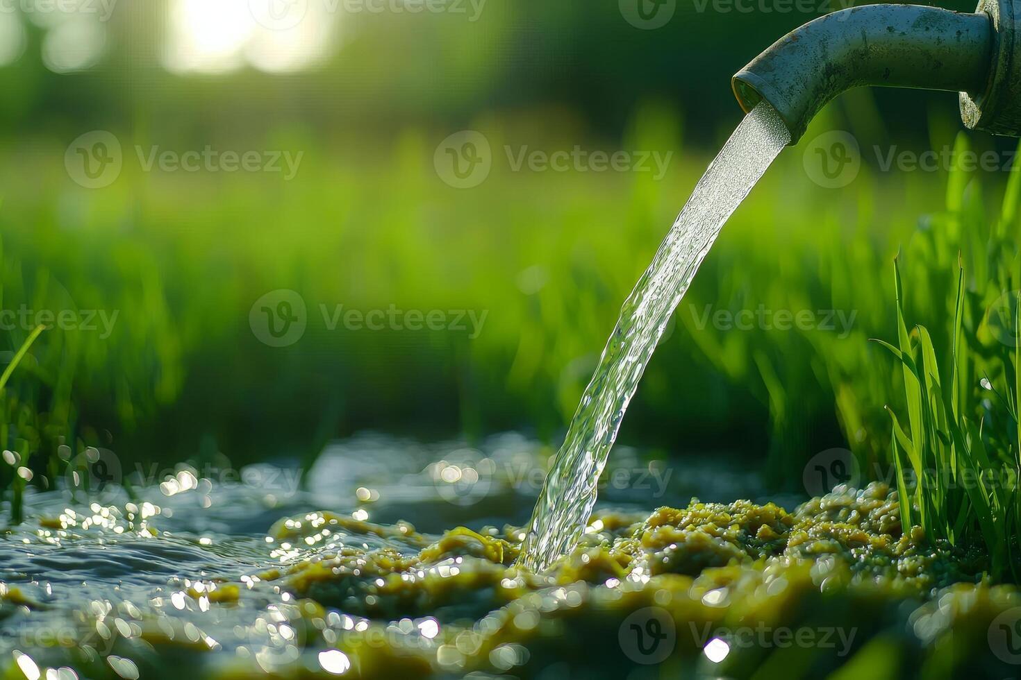 Water flowing from a faucet into lush green grass with reflections and light effects. photo