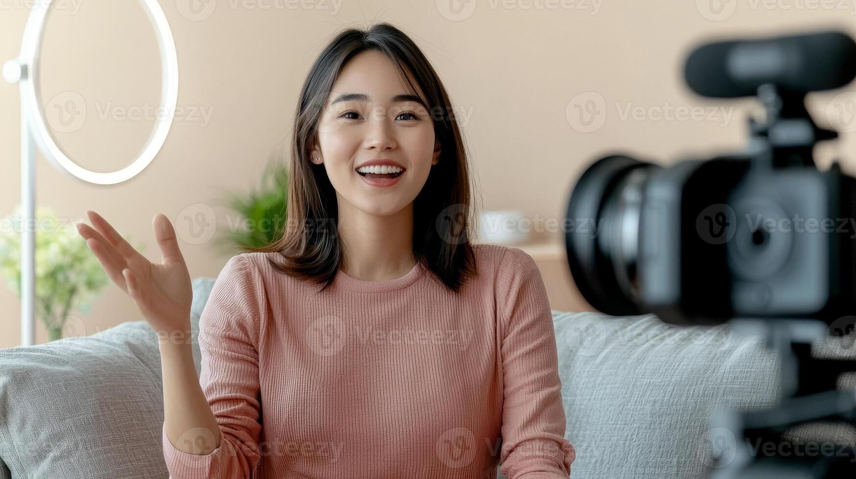 Young woman smiling and vlogging in a bright indoor setting. photo
