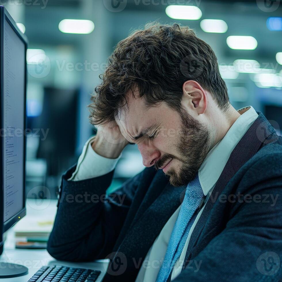 Stressed businessman suffering from work pressure at desk with computer. photo
