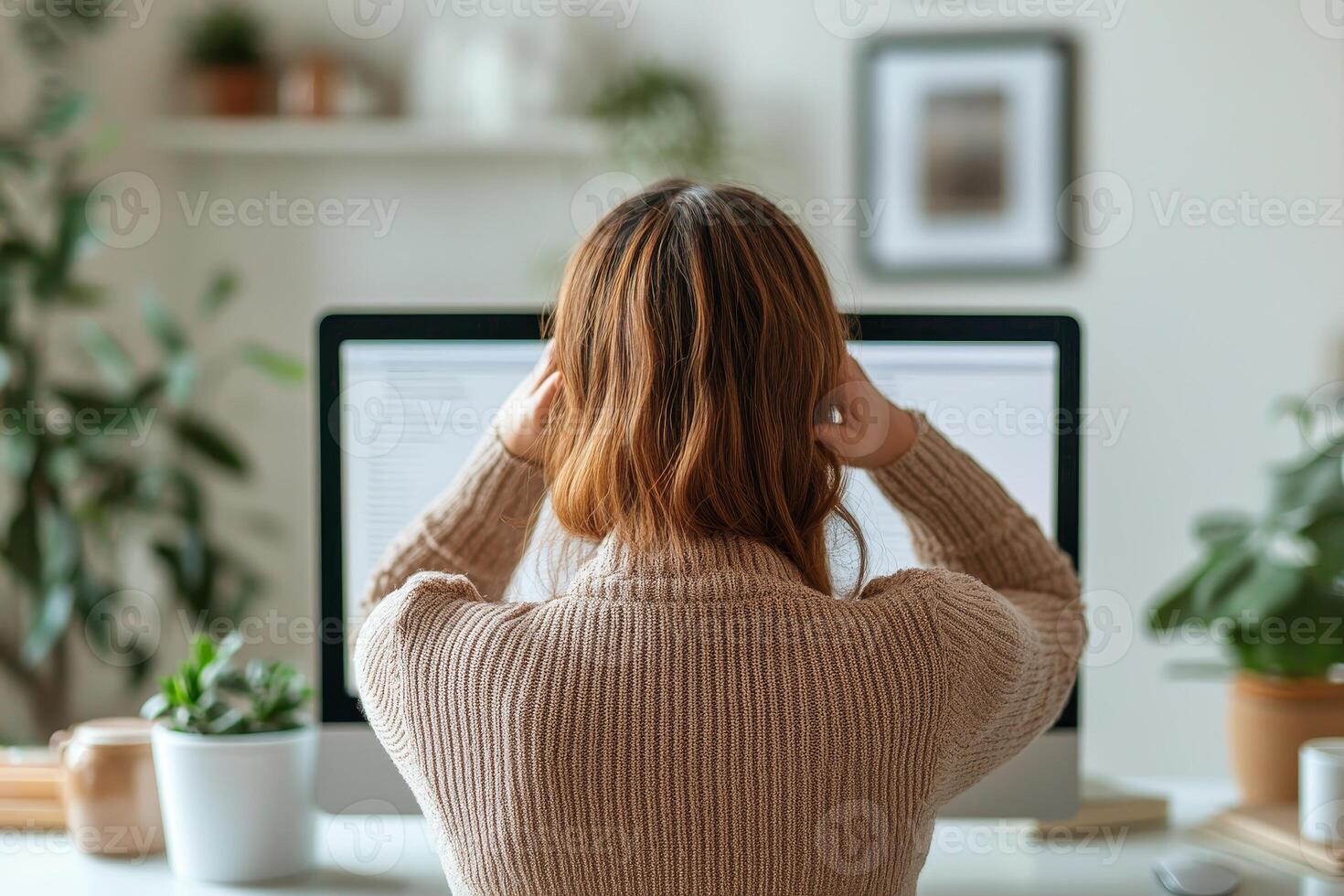 A person looking at a computer screen, feeling stressed in a modern workspace. photo
