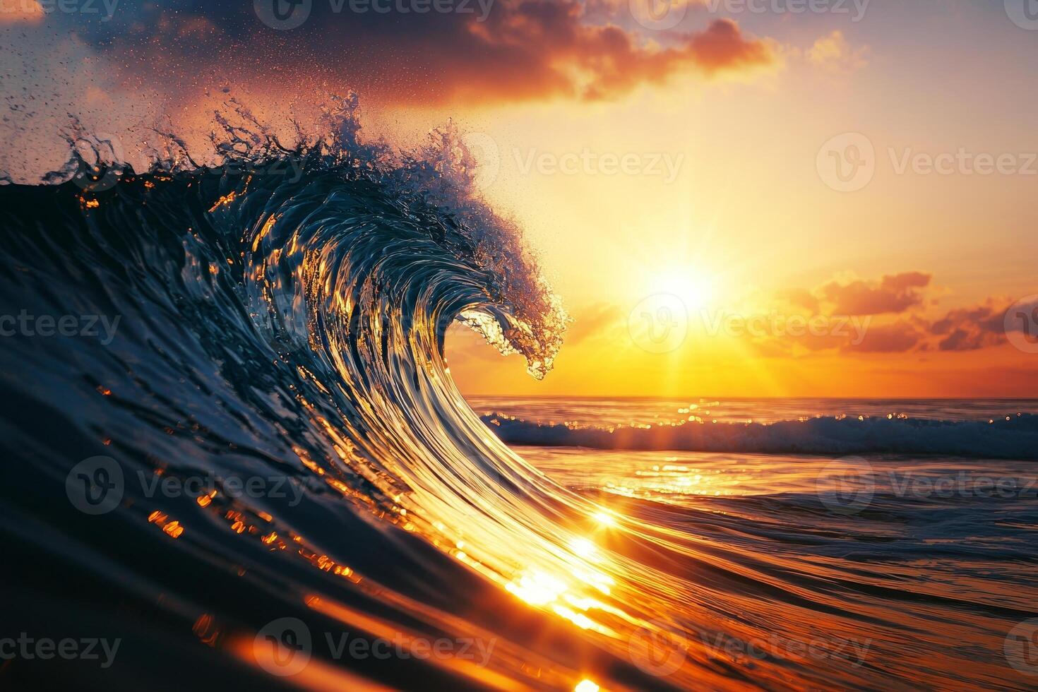 Sunset wave crashing in the ocean with vibrant colors and reflections. photo