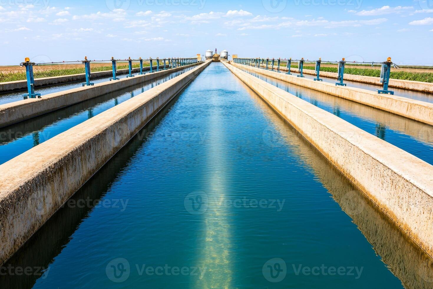 Water canal with clear blue water under a bright sky, showcasing nature's beauty. photo