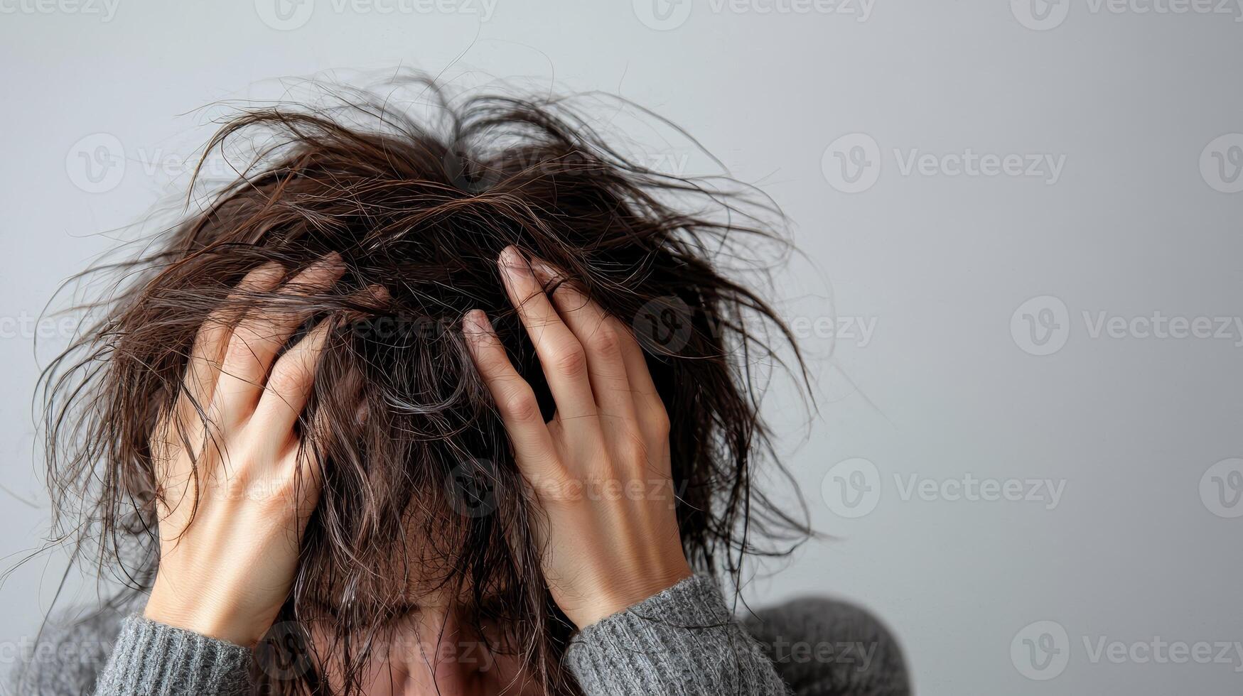 Person with messy hair expressing stress and frustration in a neutral setting. photo