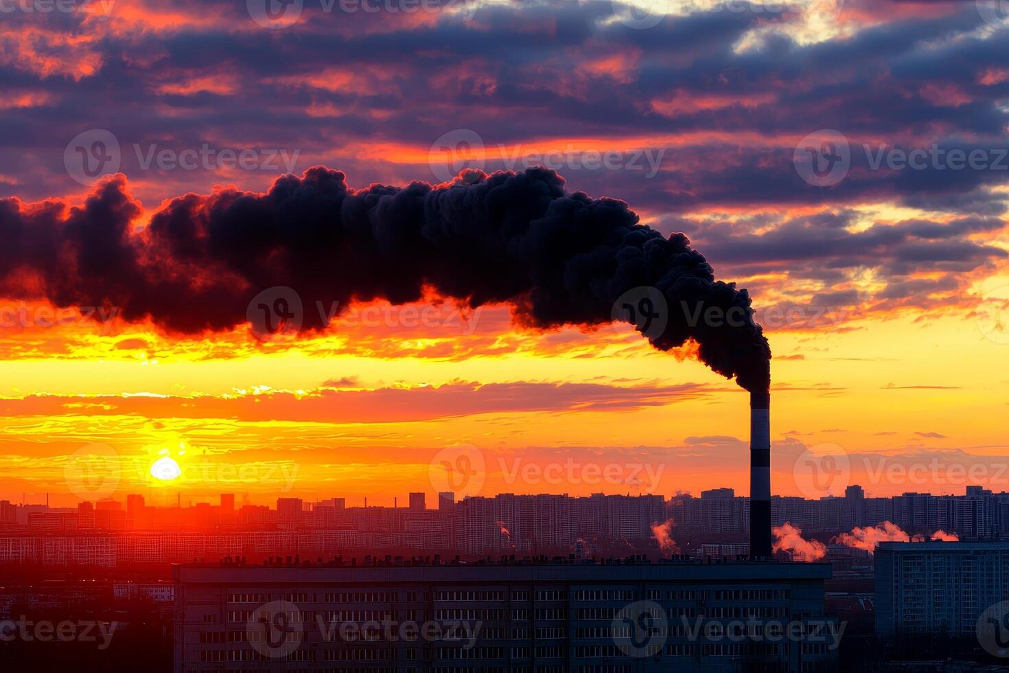 Smoke billowing from a factory chimney at sunset, vibrant sky, industrial silhouette. photo