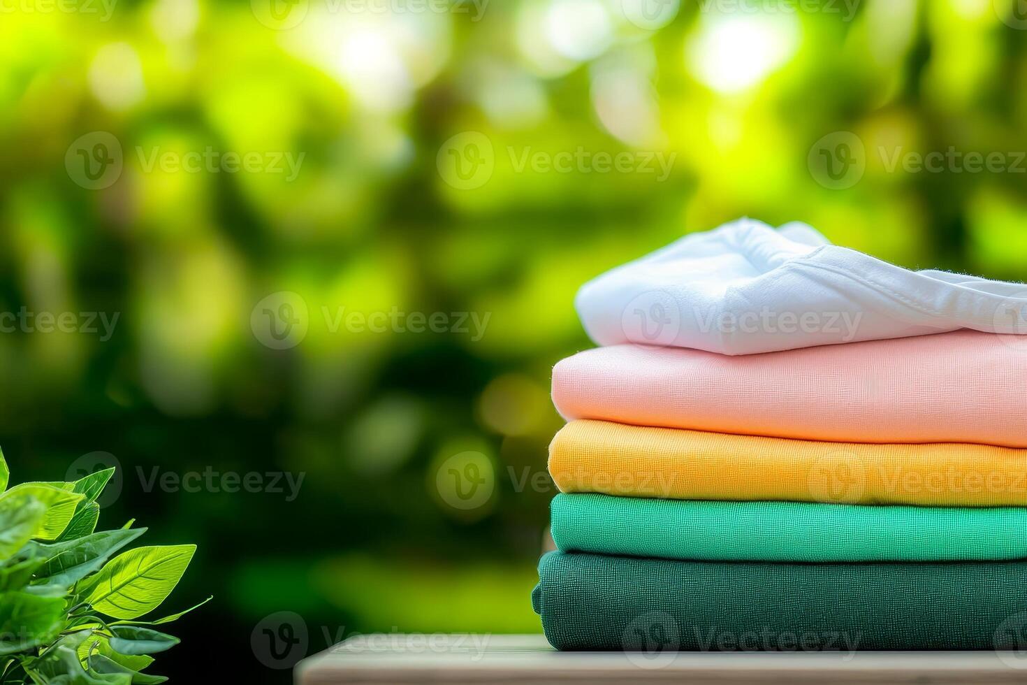 Stack of colorful t-shirts on a table with a lush green background photo