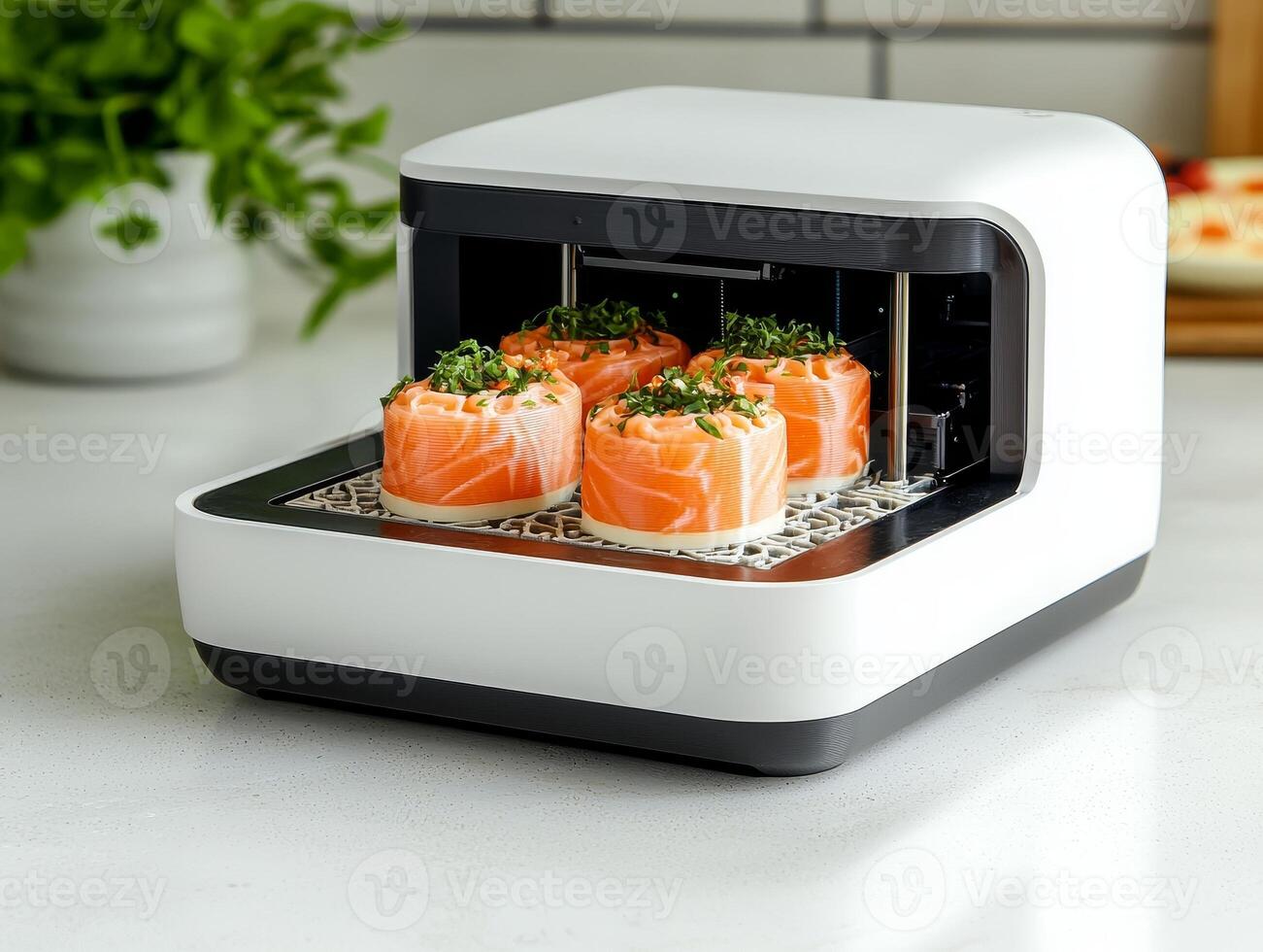 Sushi rolls prepared in modern kitchen appliance on marble countertop. photo