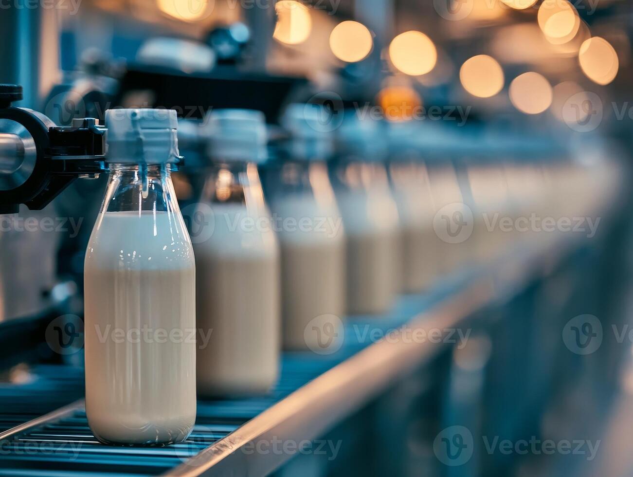 Milk bottles on a production line, blurred background of factory machinery. photo