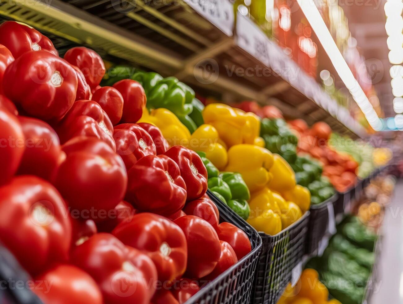 Colorful peppers displayed in baskets in a grocery store aisle. photo