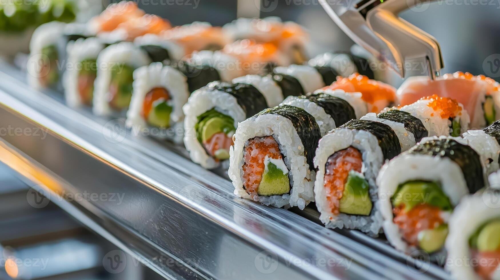 Delicious sushi rolls arranged neatly on display, vibrant and fresh ingredients. photo
