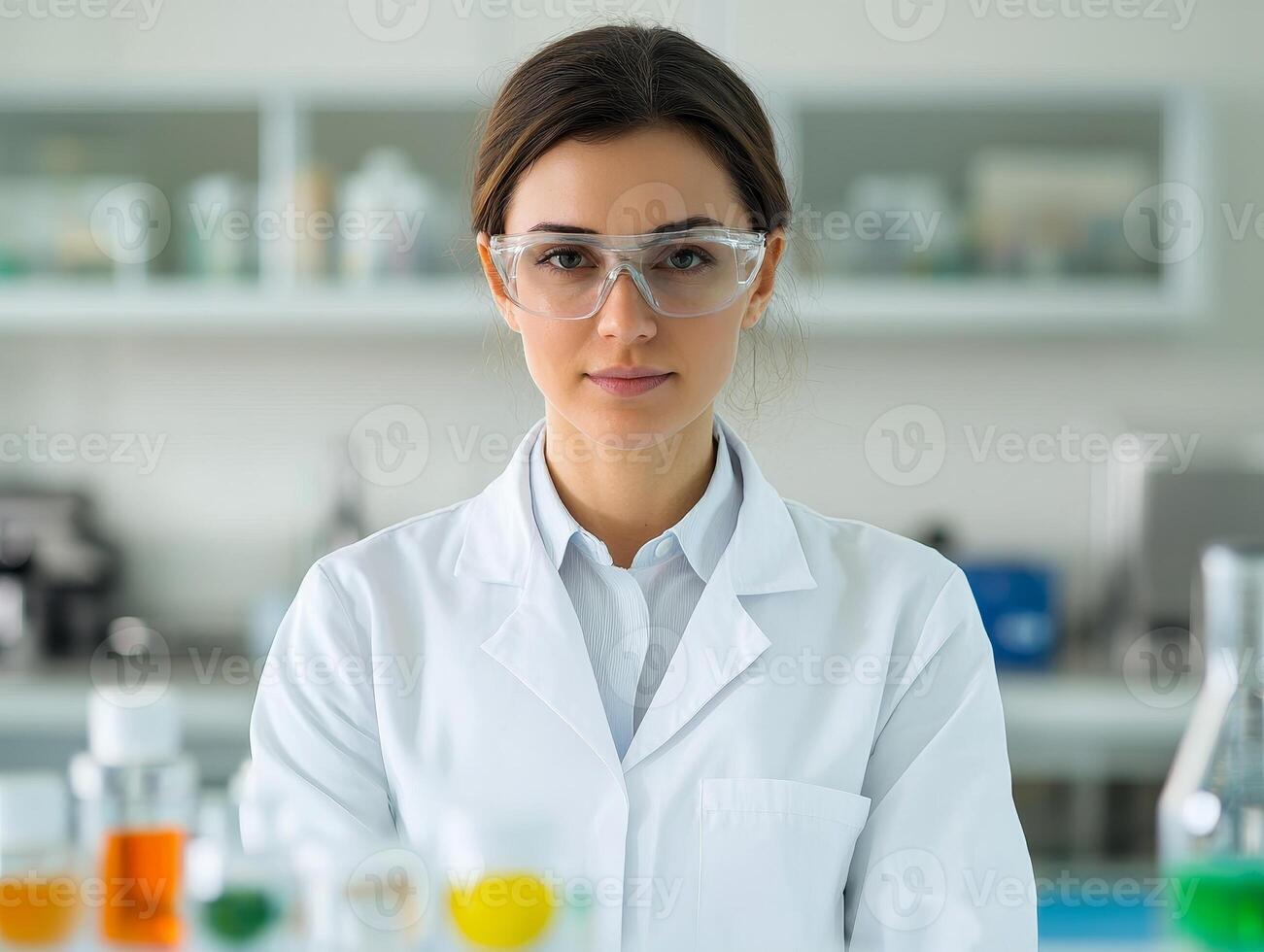 Female scientist in laboratory with various colorful liquids in glassware photo