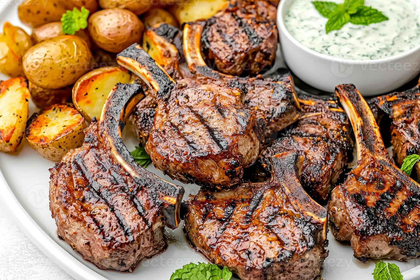 Grilled lamb chops served with roasted potatoes and mint dipping sauce. photo