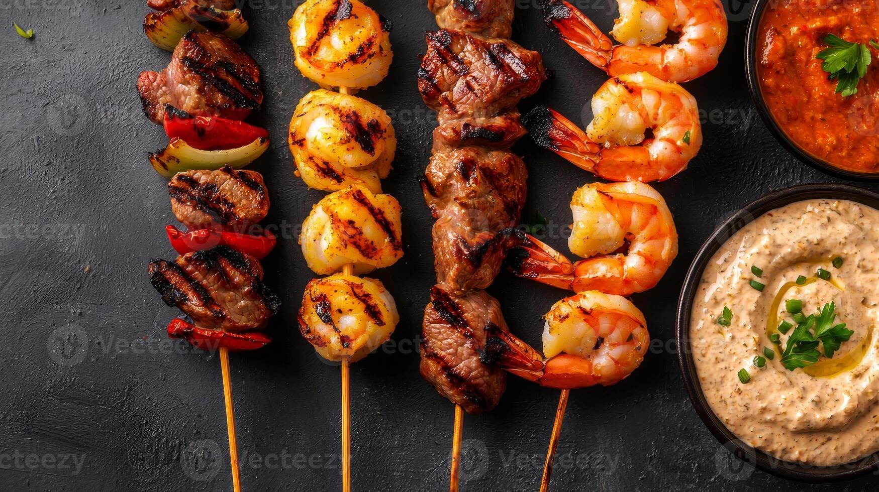 Grilled skewers with shrimp, beef, vegetables, served with savory dips on dark background. photo