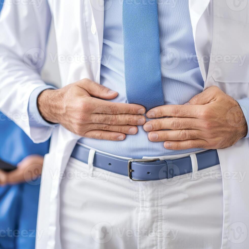 Doctor in a white coat adjusting his tie in a clinical setting. photo