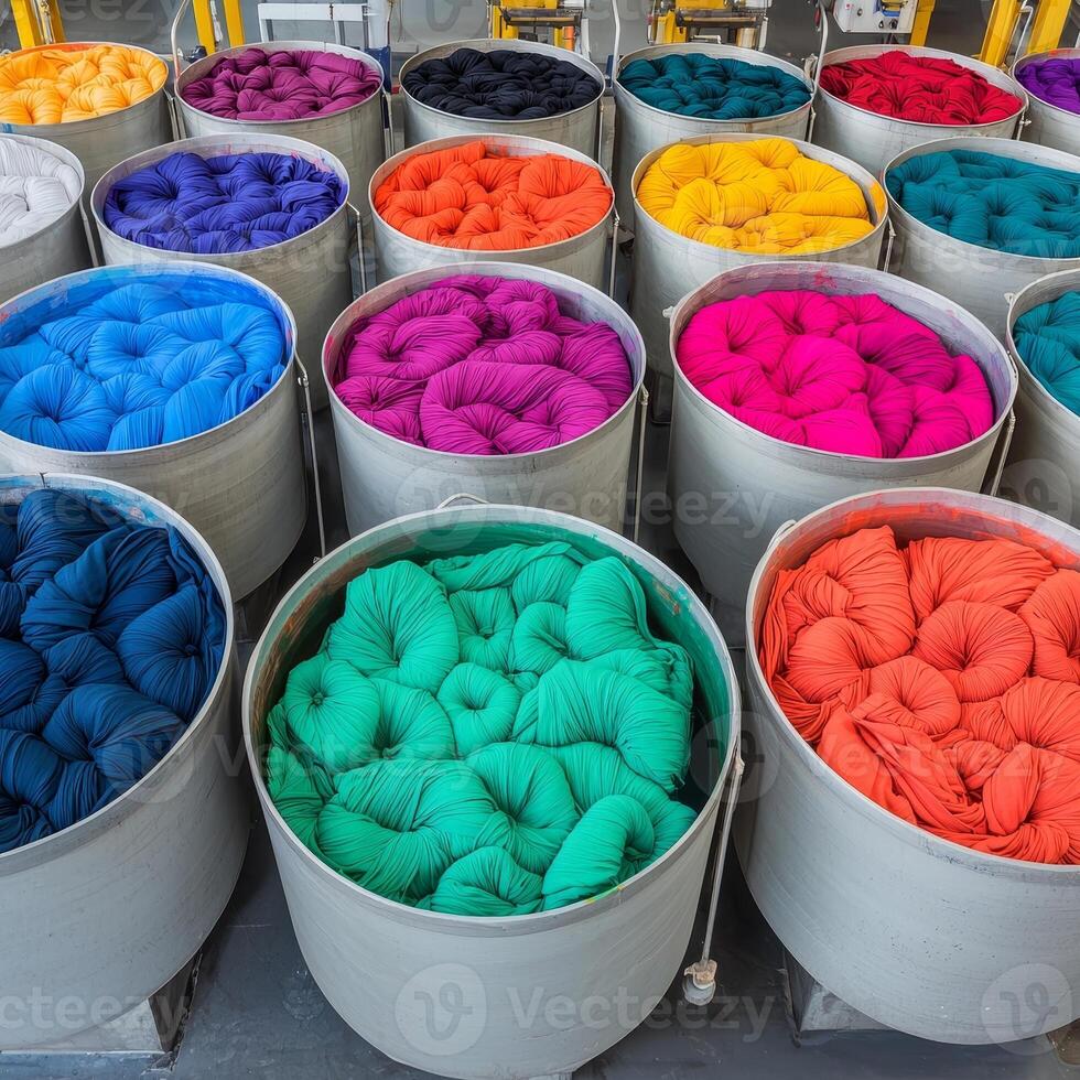 Colorful yarns neatly arranged in bins, showcasing various vibrant shades. photo