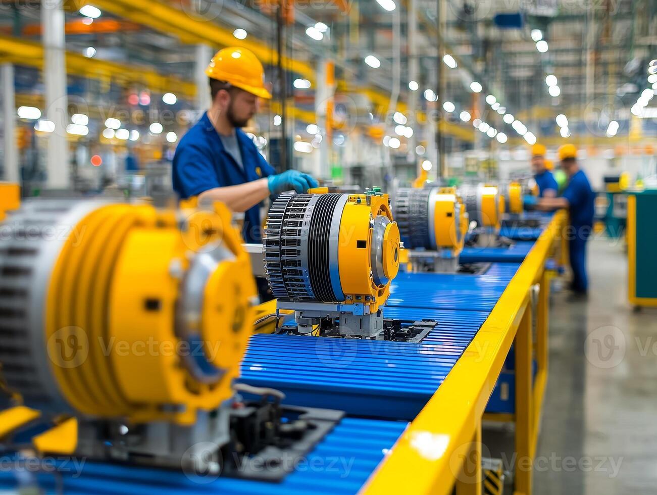 Worker assembling machinery in a factory, bright industrial setting. photo