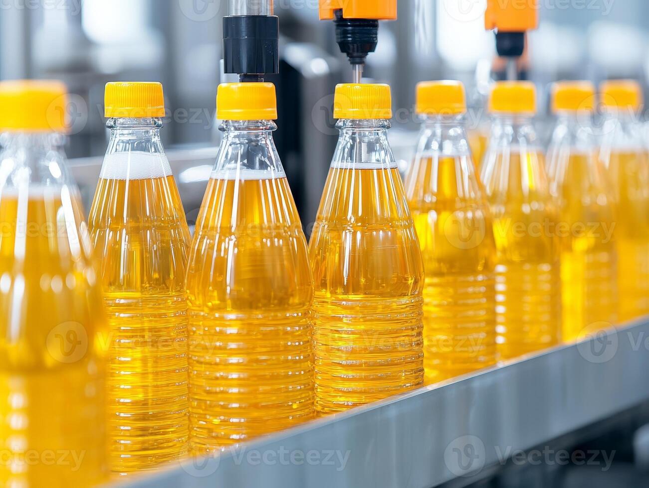 Bottles of yellow liquid on production line in a factory setting. photo