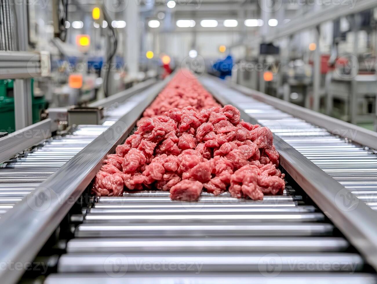 Meat products on a conveyor belt in a processing facility, modern production environment. photo