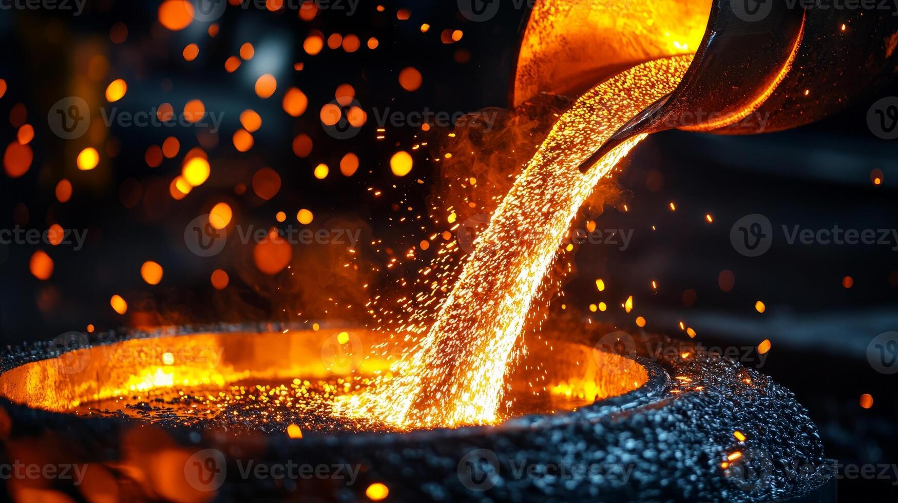 Molten metal pouring from a ladle, creating sparks and glowing light in a dark setting. photo