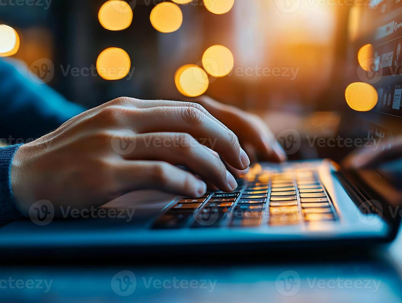 Close-up of hands typing on laptop keyboard with blurred background lights. photo