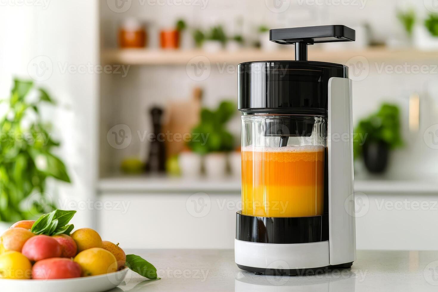 Juicer with fresh juice and fruits on the kitchen counter, bright and modern setup. photo